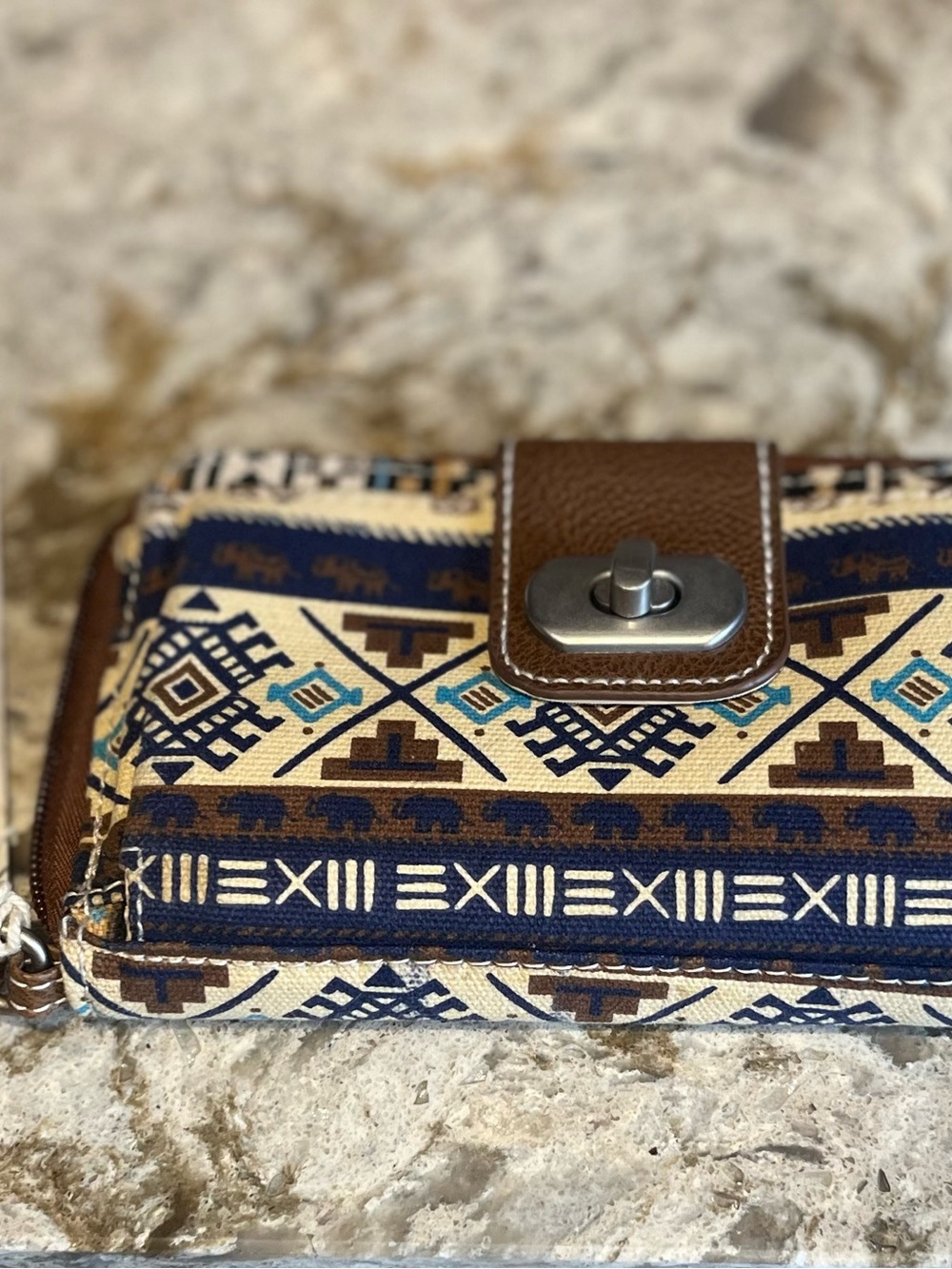 NWT Union Bay Geometric Aztec Print Wallet with Brown Leather Trim